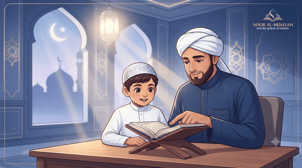 Student reading the Holy Quran with proper Tajweed rules